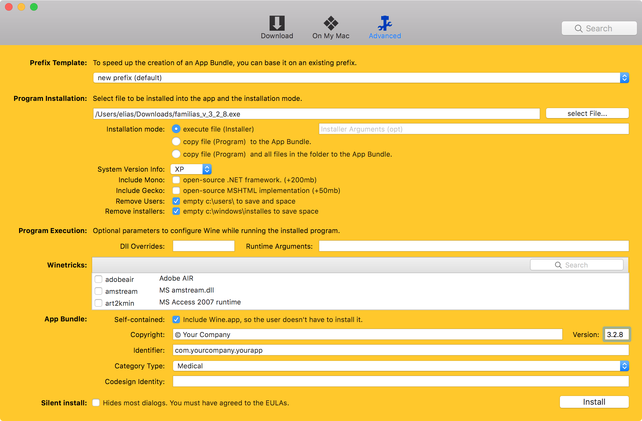 This is how the WineBottler advanced configuration screen should look